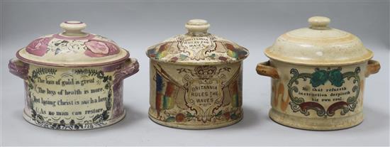 A Sunderland pink lustre jar and cover and two other jars and covers